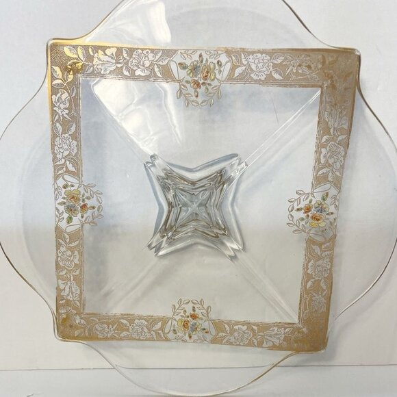Ovington’s Alhambra Glass Cake Pedestal Platter Gold Floral Inlay Elegant Shape - Picture 9 of 14